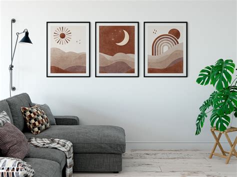 Sun Moon And Rainbow Boho Wall Art Set Of 3 Print Day And Etsy