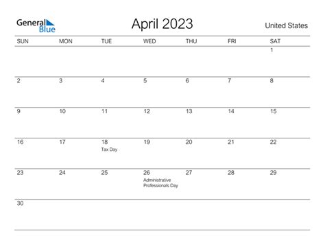 April 2023 Calendar With United States Holidays