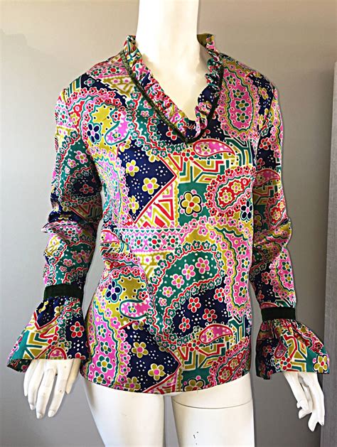 psychedelic 1970s 70s paisley floral multi color boho top blouse tunic for sale at 1stdibs