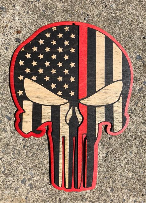 Punisher Thin Red Line Flag Firefighter Wood Plaque Etsy