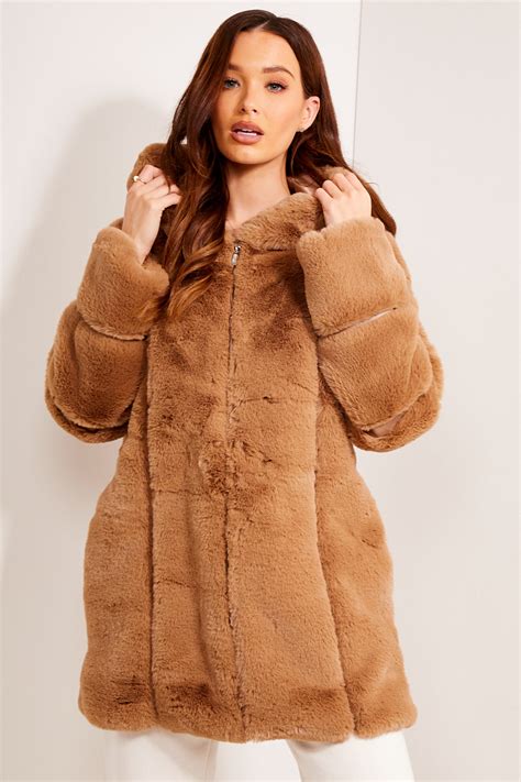 camel faux fur panelled hooded longline coat lasula