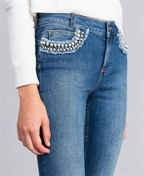 Embroidered Skinny Jeans Woman Blue Twinset Milano