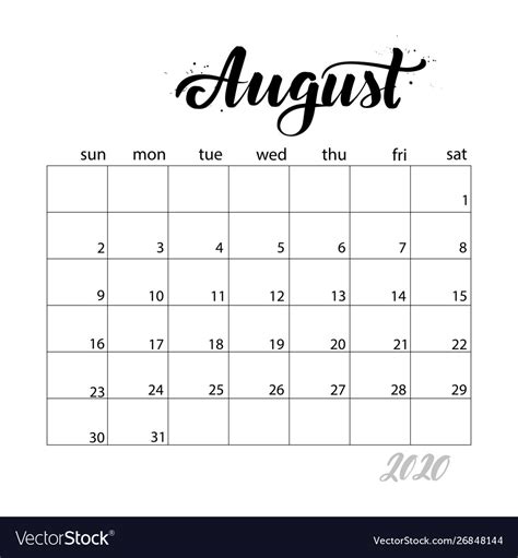 August Monthly Calendar For 2020 Year Royalty Free Vector