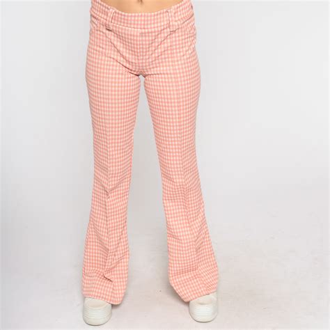 Gingham Bellbottoms 70s Bell Bottom Pants Pink Checkered Trousers Retro