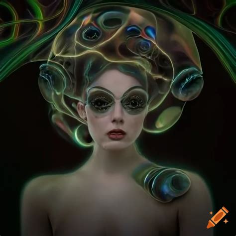 iridescent 1940s alien woman surrounded by psychedelic eels and black pearls and wormholes in a