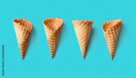 Collection Of Empty Ice Cream Cones On Retro Color Background Stock