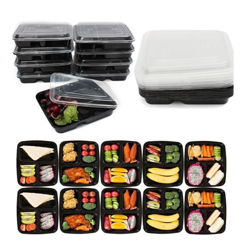 10pcs Meal Prep Lunch Box 3 Compartment Plastic Reusable Kitchen Microwavable Food Storage