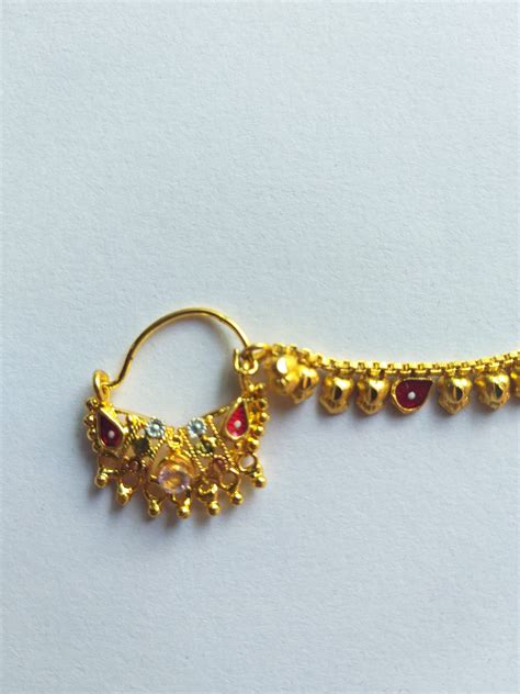 Decorated Indian Nath With Chain Wedding Jewellery Gold Plated Nostril Ethnic Piercing Fashion