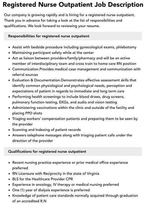Registered Nurse Outpatient Job Description Velvet Jobs
