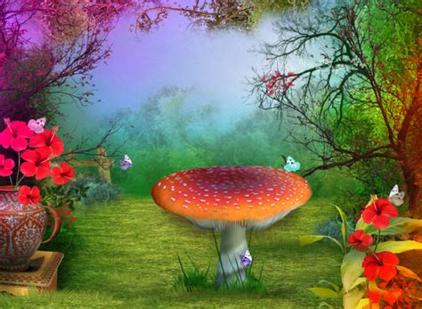 3d Nature Phantasmagoria Mushroom Butterfly Flowers Wallpapers Hd