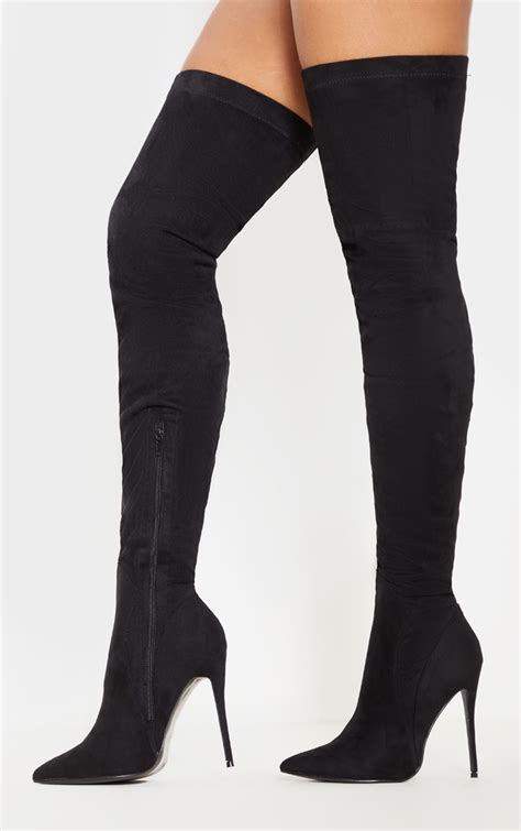 Emmi Black Faux Suede Extreme Thigh High Heeled Boots Prettylittlething