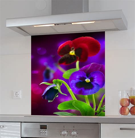 Violet And Purple Flowers Design Splashback Kitchen Glass Splashbacks