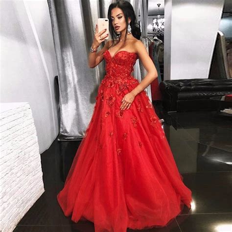 Pretty Red Rose 3d Flower Prom Gowns 2018 Sexy Long Tulle Appliques