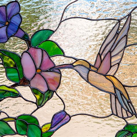 Flying To The Flower Hummingbird Stained Glass Panel For Window Decor