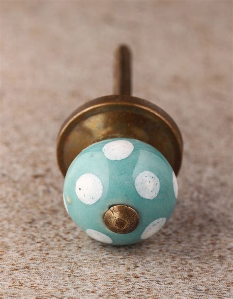 Turquoise Round Cabinet Knob With White Polka Dots Knobco