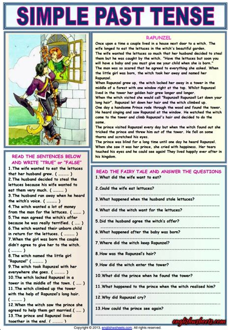 Rapunzel Comprehension Esl Exercises Worksheet Simple Past Tense
