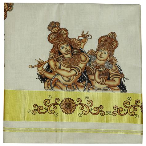 Kerala Kasavu Saree With Radha Krishna Mural Print