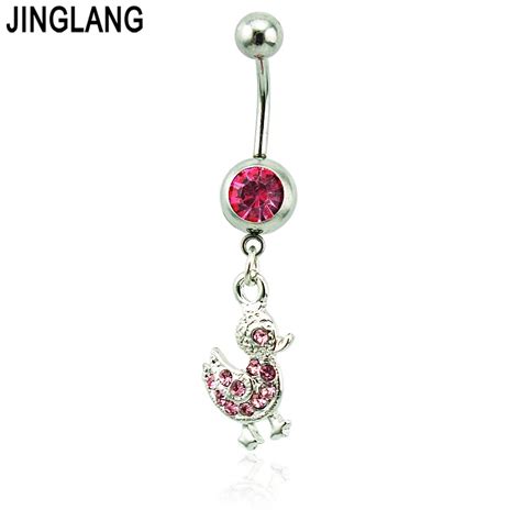 Jinglang Body Piercing Jewelry Belly Button Rings 316l Stainless Steel Barbells Dangle Pink