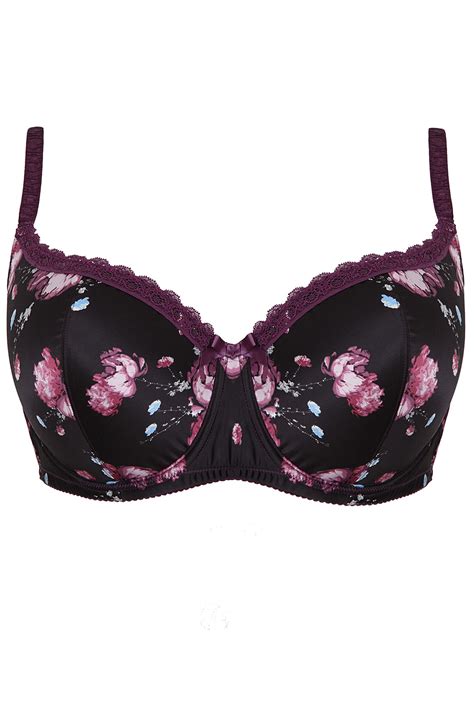 Black And Purple Floral Print Satin Underwired Bra With Lace Trim