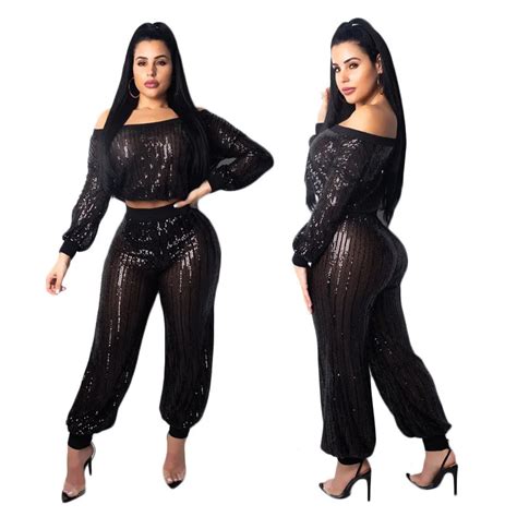 Buy Sexy Off The Shoulder Black Sequin Two Piece Set Women Crop Top And Sheer