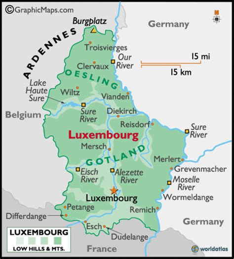 Physical map of luxembourg showing major cities, terrain, national parks, rivers, and surrounding countries with international borders and outline maps. Luxembourg Map • mappery