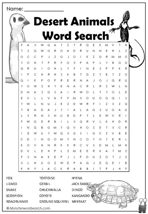 Desert Animal Word Search Monster Word Search