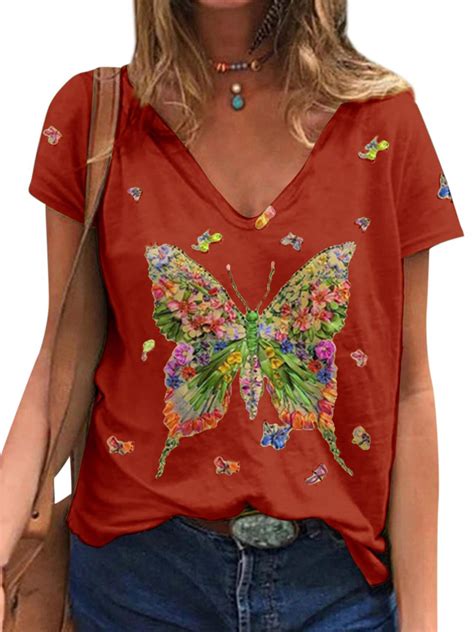 Twzh Women Butterflies Graphic Print V Neck Short Sleeve T Shirt