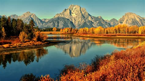 Fall Scenery With Lake And Mountain Golden Morning At