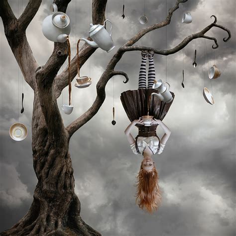 Surreal Painting Of Woman Hanging Upside Down On Tree With Hanging Tea Ware Hd Wallpaper