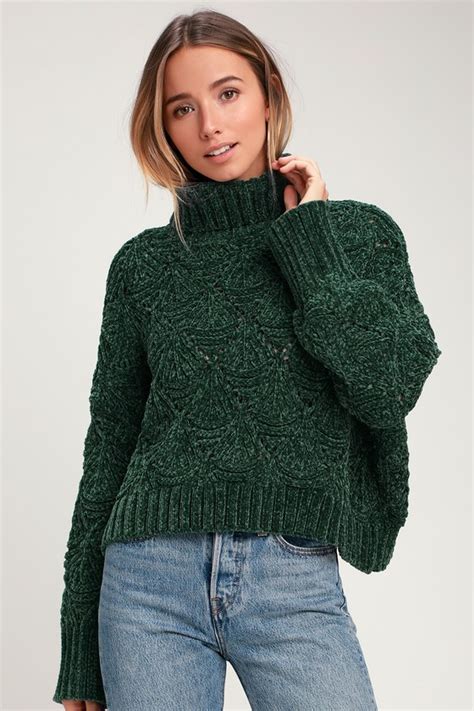 Dark Green Chenille Knit Sweater Chenille Turtleneck Sweater Lulus