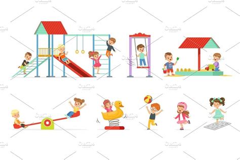 Cute Cartoon Little Kids Playing And Having Fun At The Playground Set