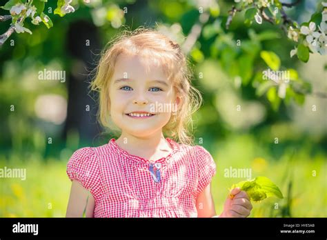 Happy Little Girl In Apple Tree Garden Stock Photo Alamy