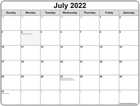 July 2022 With Holidays Calendar