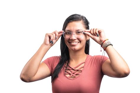 Premium Photo Smiling Latina Woman With Glasses Looking At Camera On