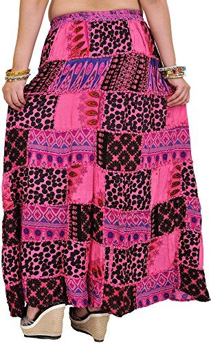 Buy Exotic India Long Printed Dori Skirt From Gujarat With Patch Work