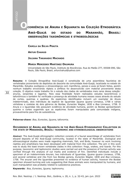 PDF Ocorrência de Anura e Squamata na Coleção Etnográfica Awá Guajá do estado do Maranhão