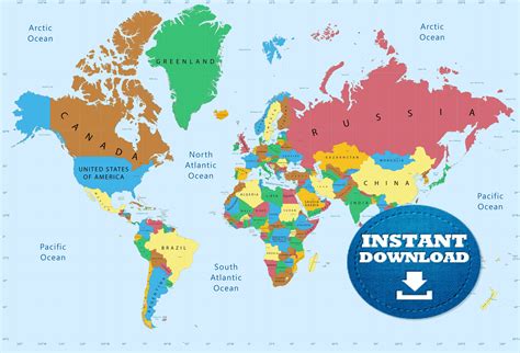 Digital Colorful World Map Printable Download. Weltkarte. Colorful Countries World Map. Instant ...