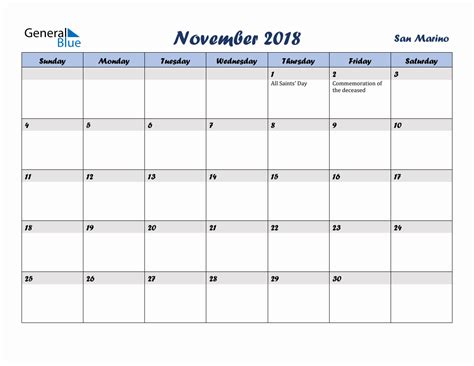 November 2018 Monthly Calendar Template With Holidays For San Marino