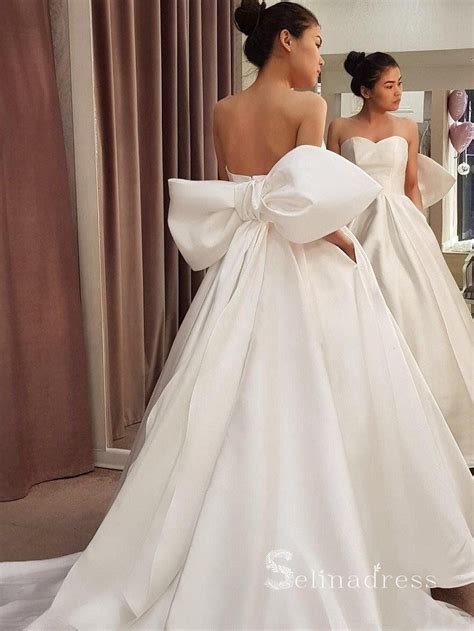 Chic A Line Sweetheart White Wedding Dresses With Big Bow Satin Bridal