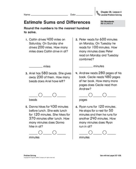 Estimate Sums And Differences Worksheet For 1st 3rd Grade Lesson Planet