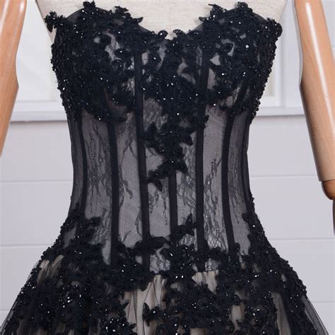 ball gown strapless see through black tulle lace beaded corset prom dress