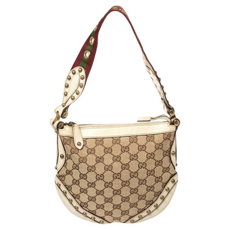 Gucci Beigecream Gg Canvas And Leather Small Studded Pelham Hobo At