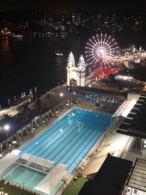 Luna Park and North Sydney pool from the Sydney Harbour Bridge. Hot January night. : sydney