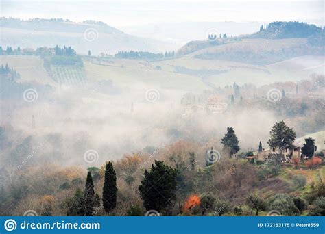 The Tuscan Landscape In The Morning Mist Stock Image Image Of