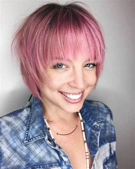This Pink Shaggy Bob With Feathered Bangs And Shadow Roots Is A Great