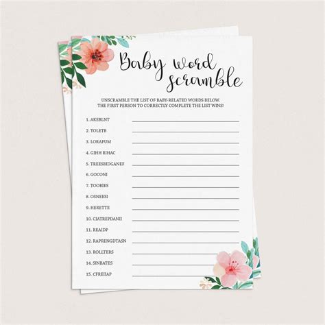 Baby Word Scramble Baby Shower Game Printable Floral Theme