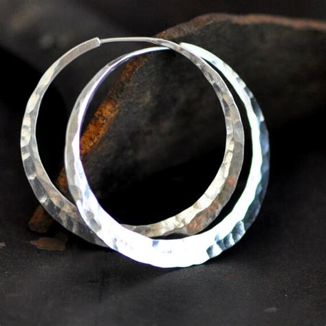 Inch Hammered Sterling Silver Hoop Earrings Extra Wide