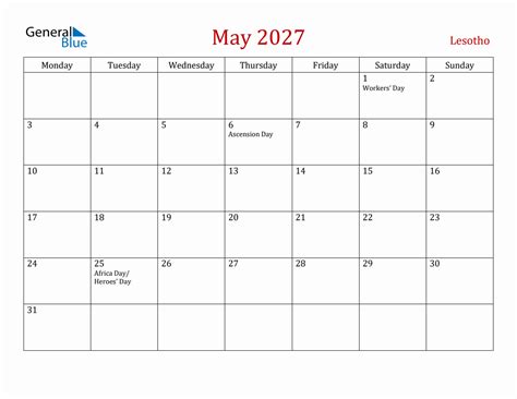 May 2027 Lesotho Monthly Calendar With Holidays