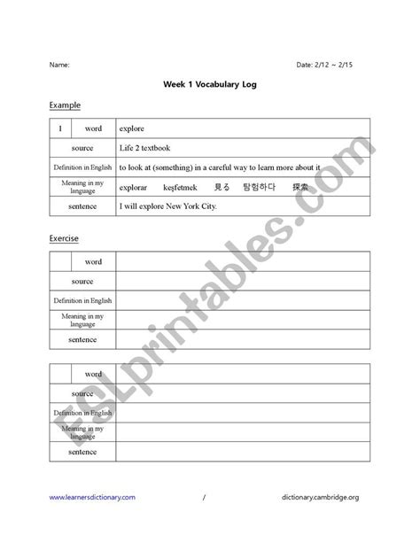 Esl Vocabulary Log Esl Worksheet By Jylim9040