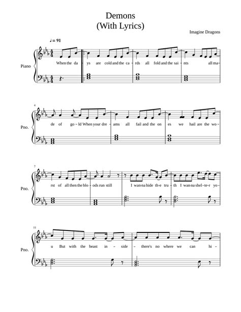 Imagine Dragons Demons With Lyrics Sheet Music For Piano Download